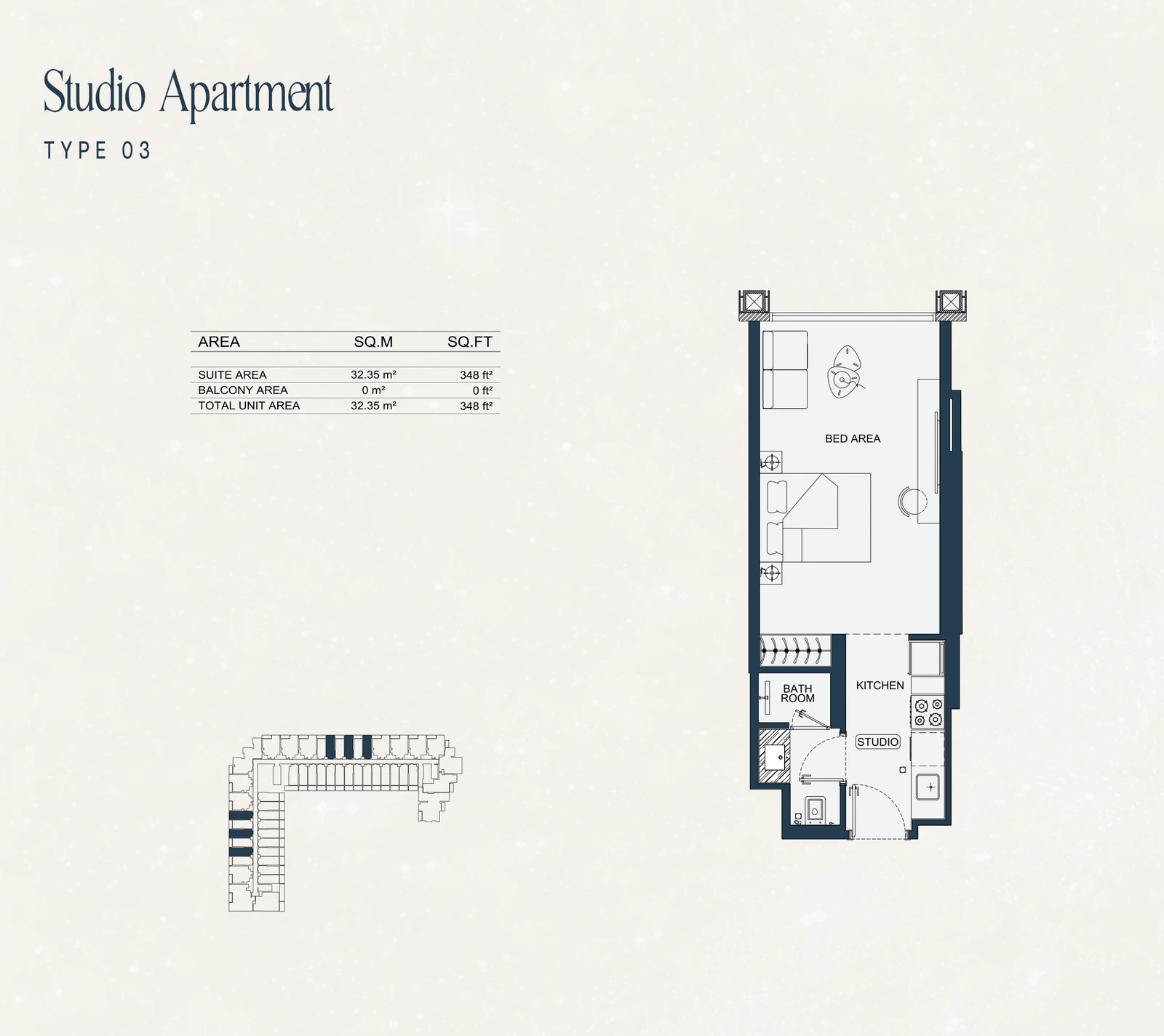 Studio Type 03 apartment floor plan at Binghatti Starfall in Al Jaddaf, with a total area of 348 sq ft.
