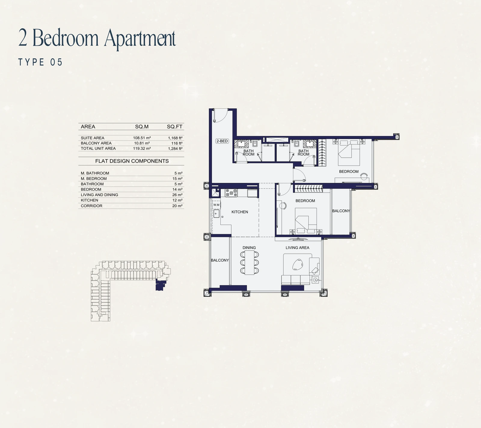 2 Bedroom Type 05 apartment floor plan at Binghatti Starfall in Al Jaddaf, with a total area of 1,284 sq ft.