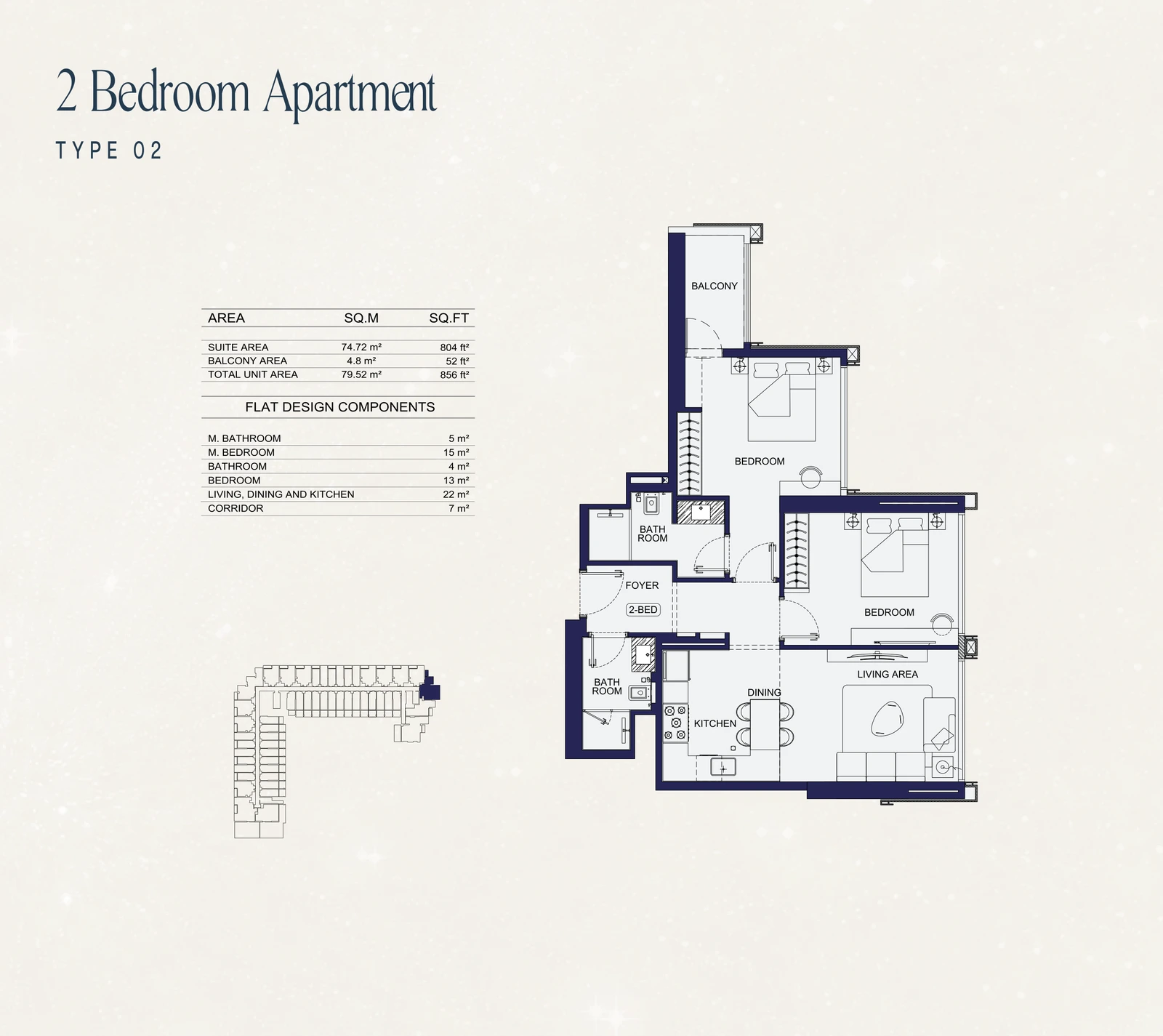 2 Bedroom Type 02 apartment floor plan at Binghatti Starfall in Al Jaddaf, with a total area of 856 sq ft.