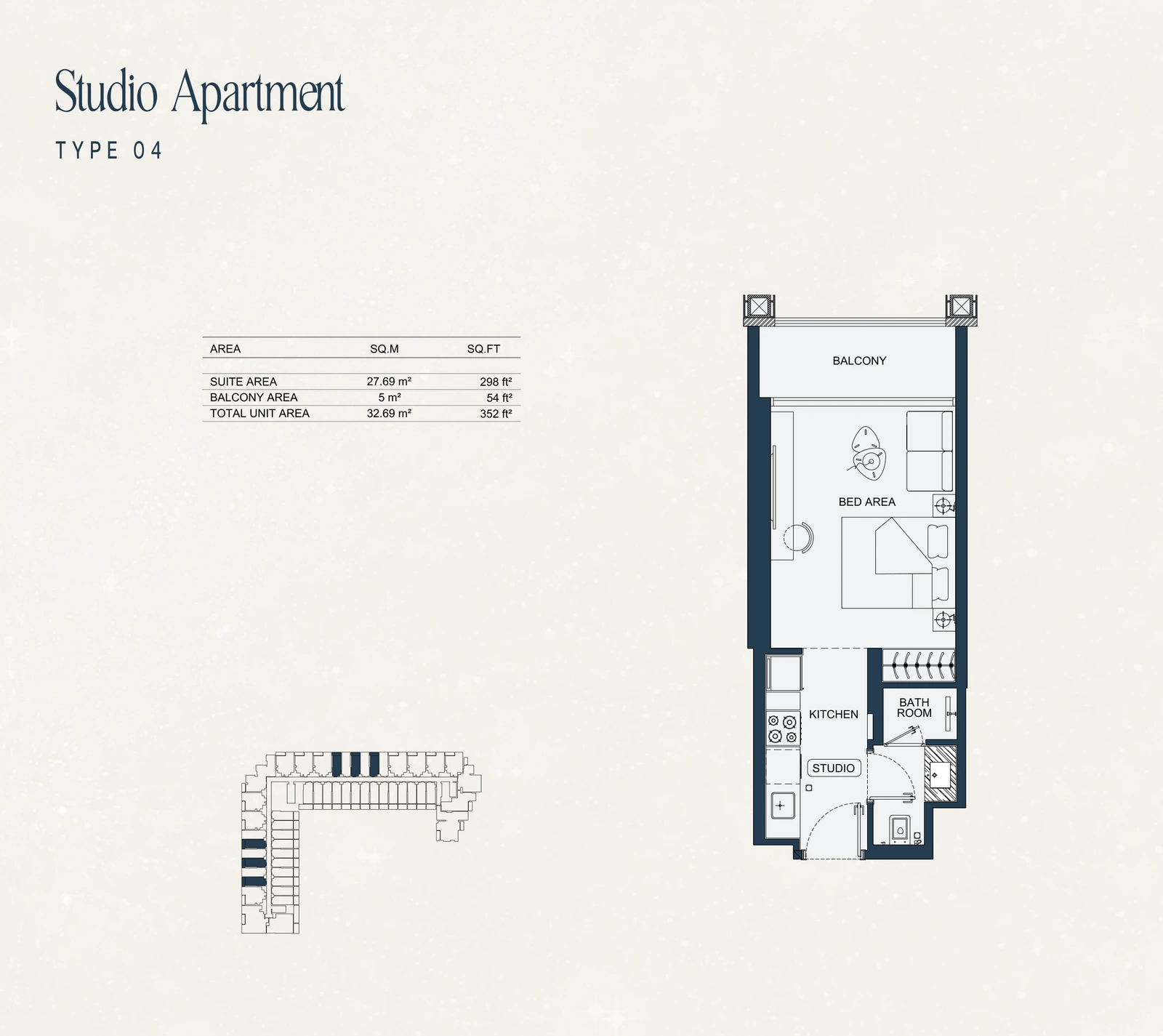 Studio Type 04 apartment floor plan at Binghatti Starfall in Al Jaddaf, with a total area of 352 sq ft.