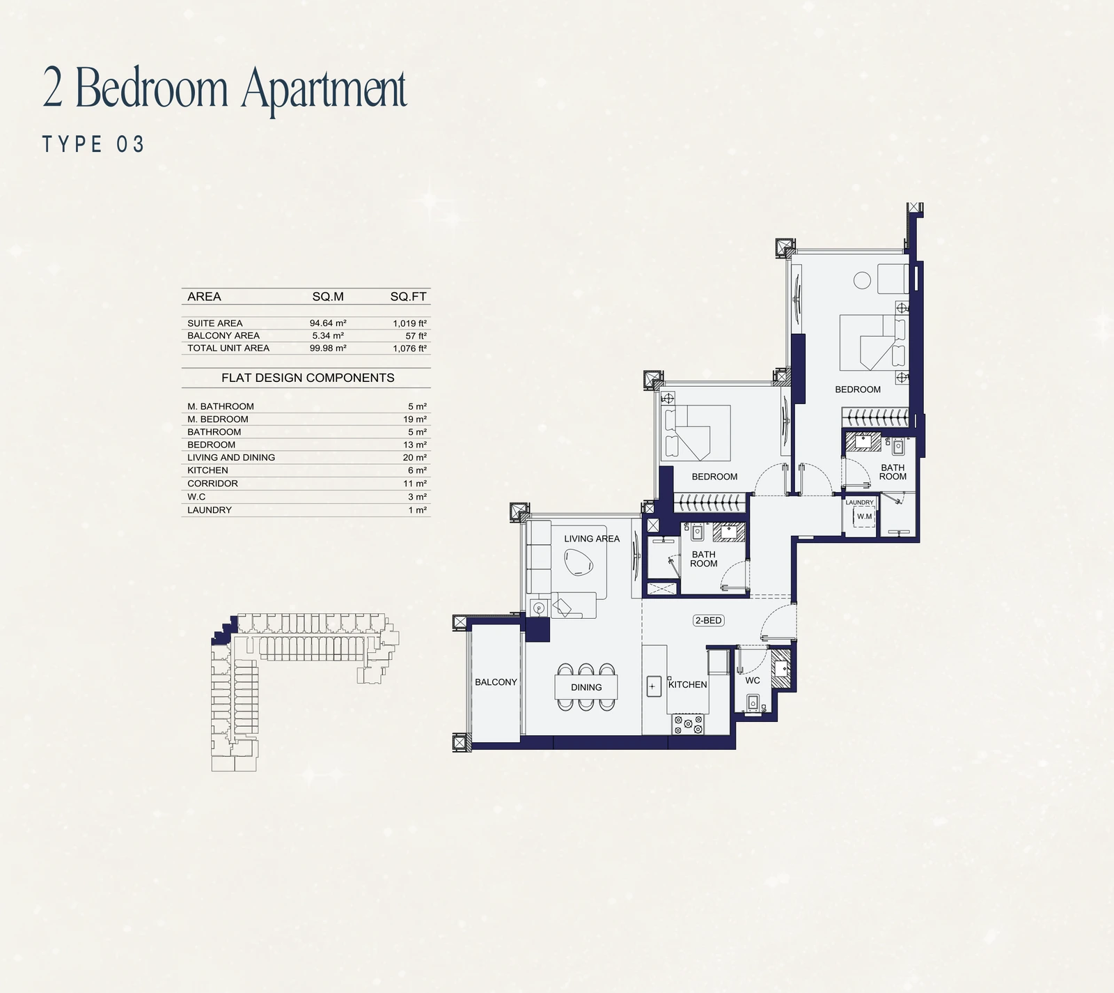 2 Bedroom Type 03 apartment floor plan at Binghatti Starfall in Al Jaddaf, with a total area of 1,076 sq ft.