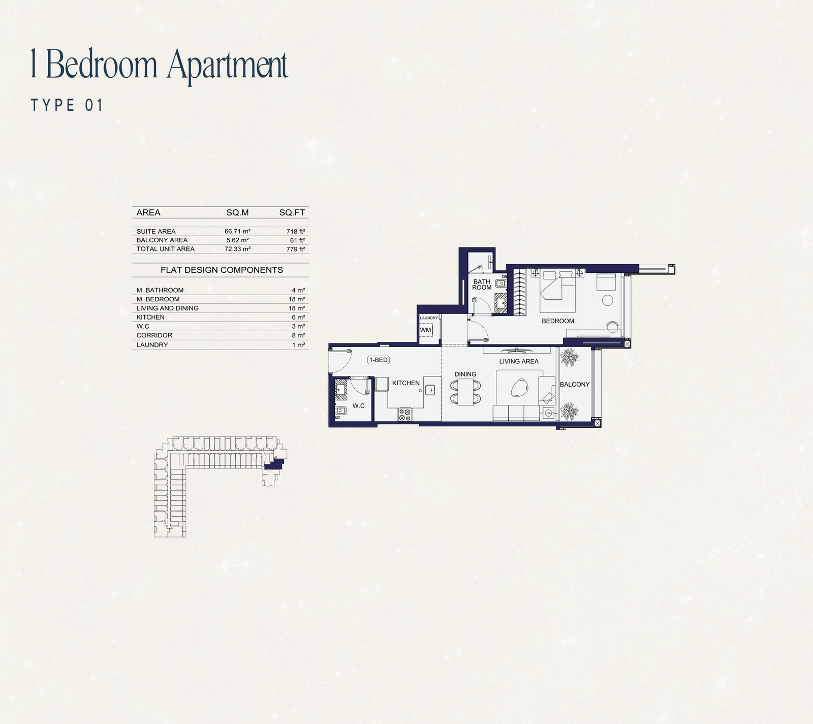 1 Bedroom Type 01 apartment floor plan at Binghatti Starfall in Al Jaddaf, with a total area of 779 sq ft.