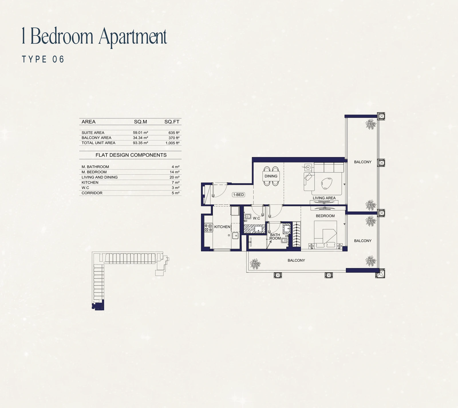 1 Bedroom Type 06 apartment floor plan at Binghatti Starfall in Al Jaddaf, with a total area of 1,005 sq ft.