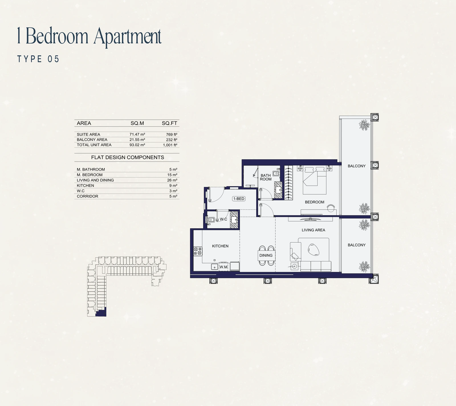 1 Bedroom Type 05 apartment floor plan at Binghatti Starfall in Al Jaddaf, with a total area of 1,001 sq ft.