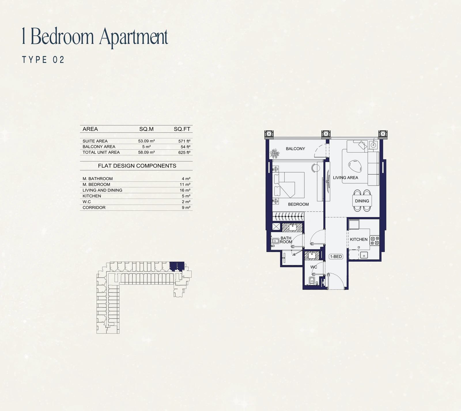 1 Bedroom Type 02 apartment floor plan at Binghatti Starfall in Al Jaddaf, with a total area of 625 sq ft.