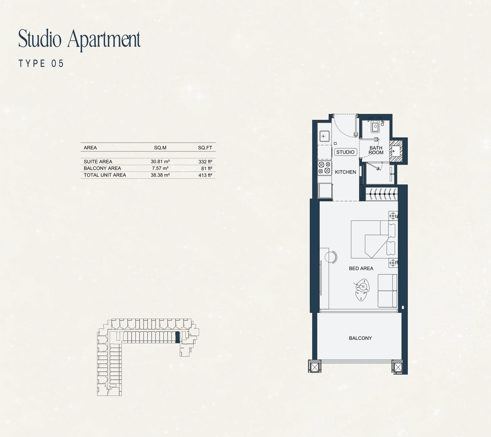 Studio Type 05 apartment floor plan at Binghatti Starfall in Al Jaddaf, with a total area of 413 sq ft.