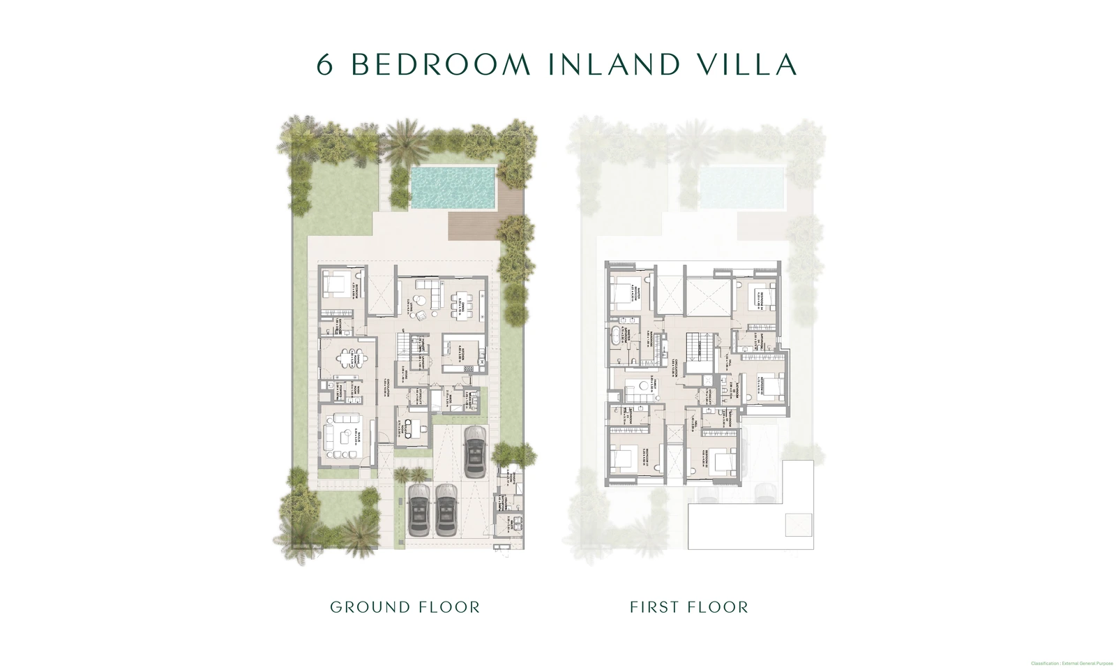 Floor plan for a Yas Riva Reserve 6-bedroom inland villa, showing the ground and first floors and approximately 5,792 sq ft average gross saleable area.