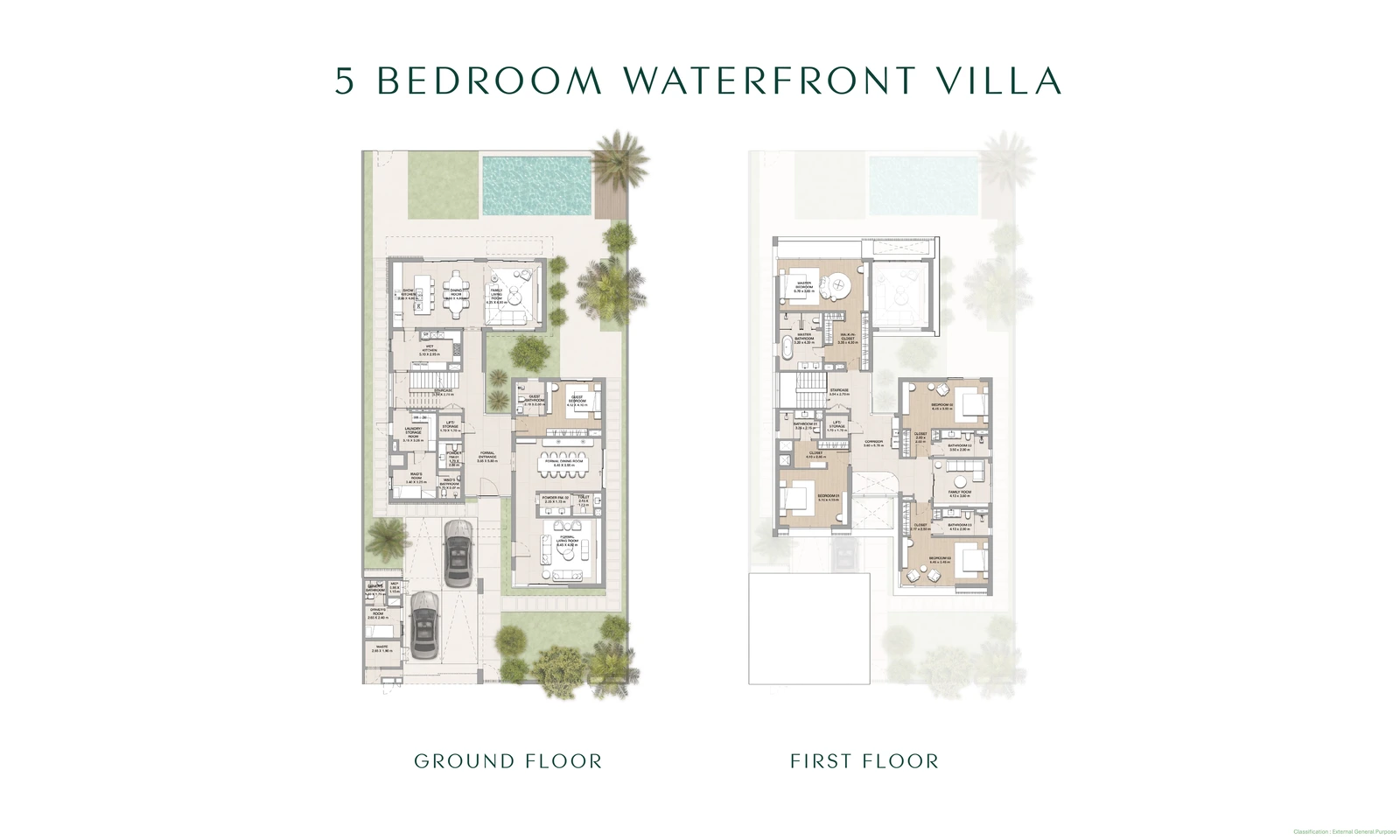 Floor plan for a Yas Riva Reserve 5-bedroom waterfront villa, showing the ground and first floors and approximately 5,942 sq ft average gross saleable area.