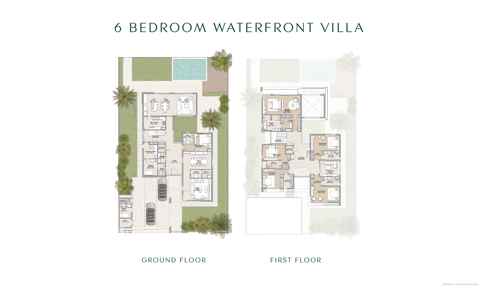 Floor plan for a Yas Riva Reserve 6-bedroom waterfront villa, showing the ground and first floors and approximately 6,555 sq ft average gross saleable area.