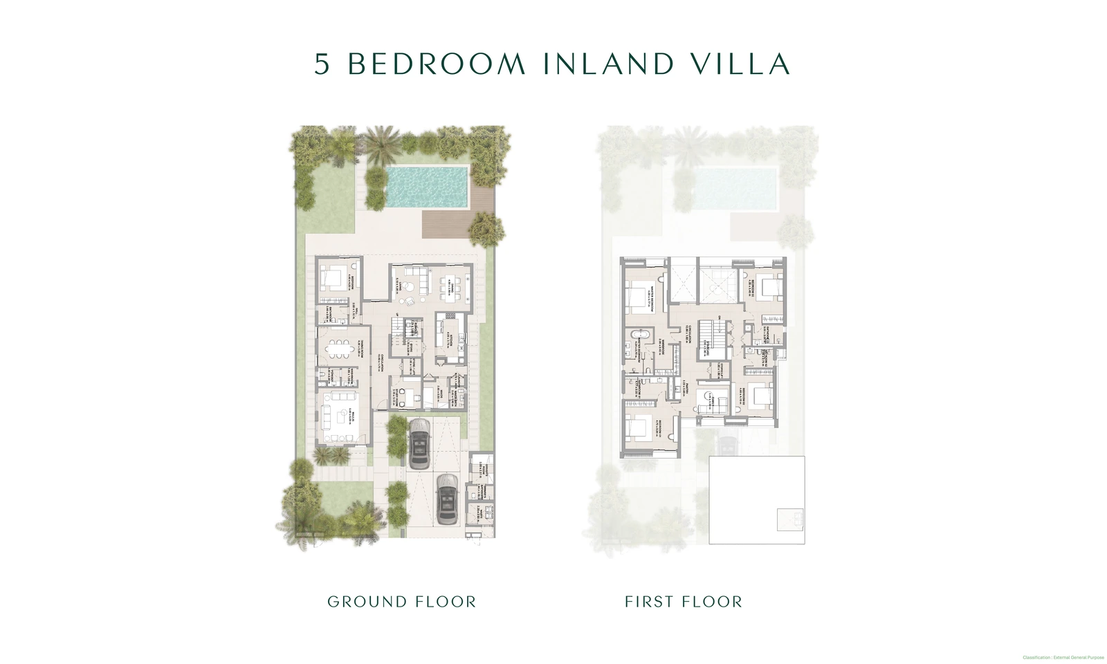 Floor plan for a Yas Riva Reserve 5-bedroom inland villa, showing the ground and first floors and approximately 5,188 sq ft average gross saleable area.