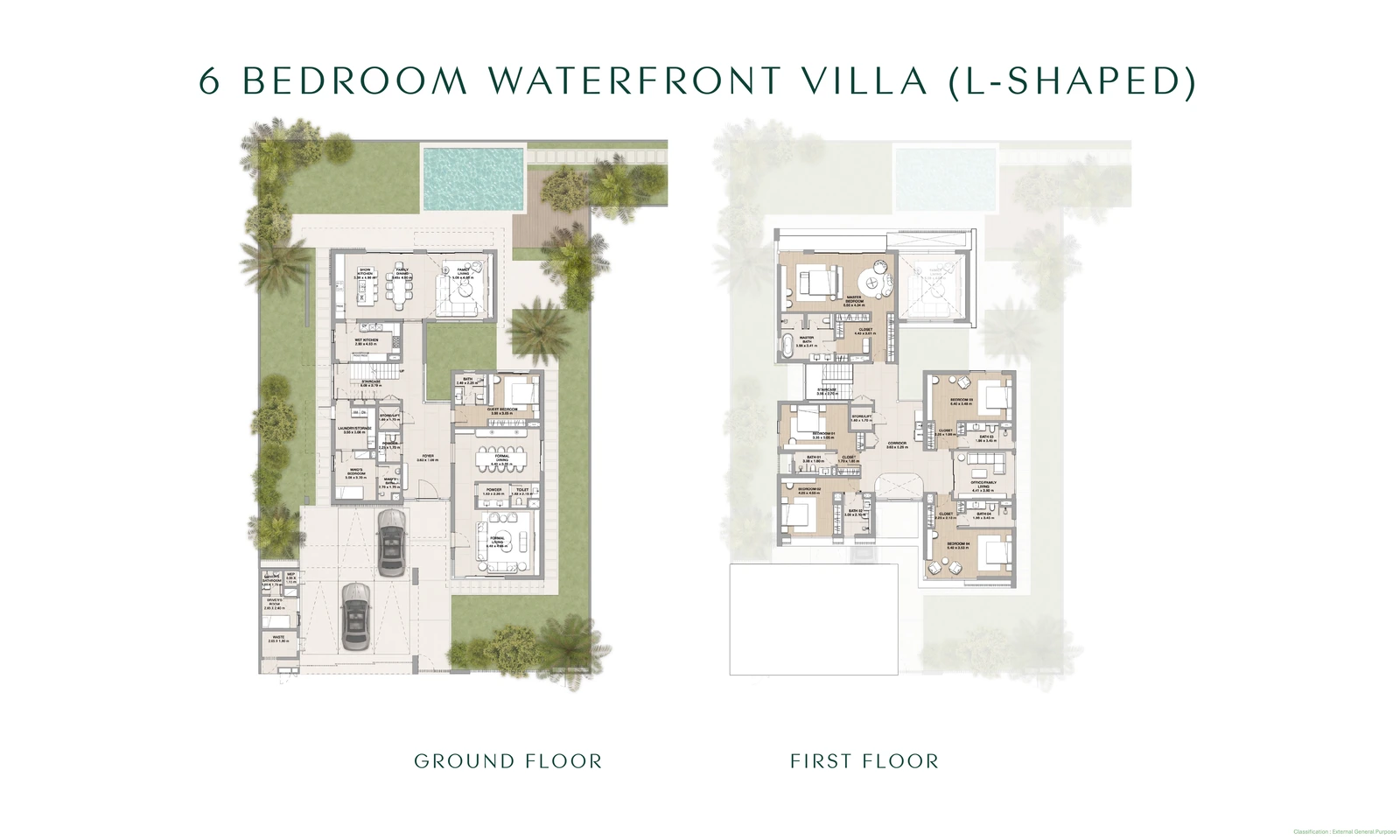 Floor plan for a Yas Riva Reserve 6-bedroom waterfront L-shaped villa, showing the ground and first floors and approximately 6,555 sq ft average gross saleable area.