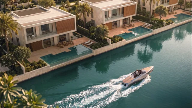 Canal-side villas and private pools at Yas Riva Reserve on Yas Island.