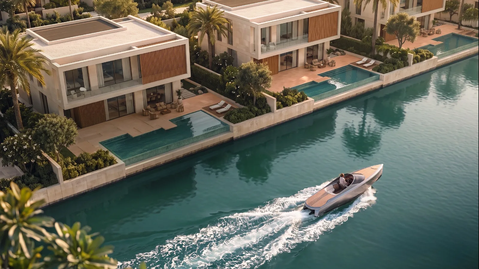 Canal-side villas and private pools at Yas Riva Reserve on Yas Island.