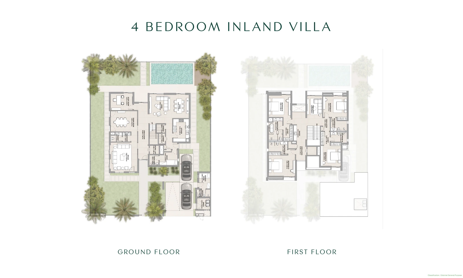 Floor plan for a Yas Riva Reserve 4-bedroom inland villa, showing the ground and first floors and approximately 4,704 sq ft average gross saleable area.