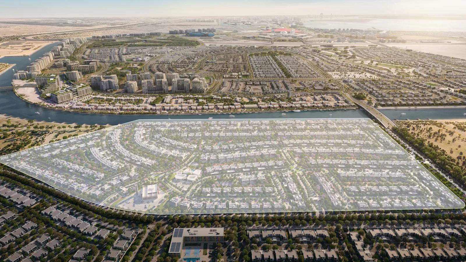 Aerial view of the Yas Riva Reserve villa community and surrounding canal.