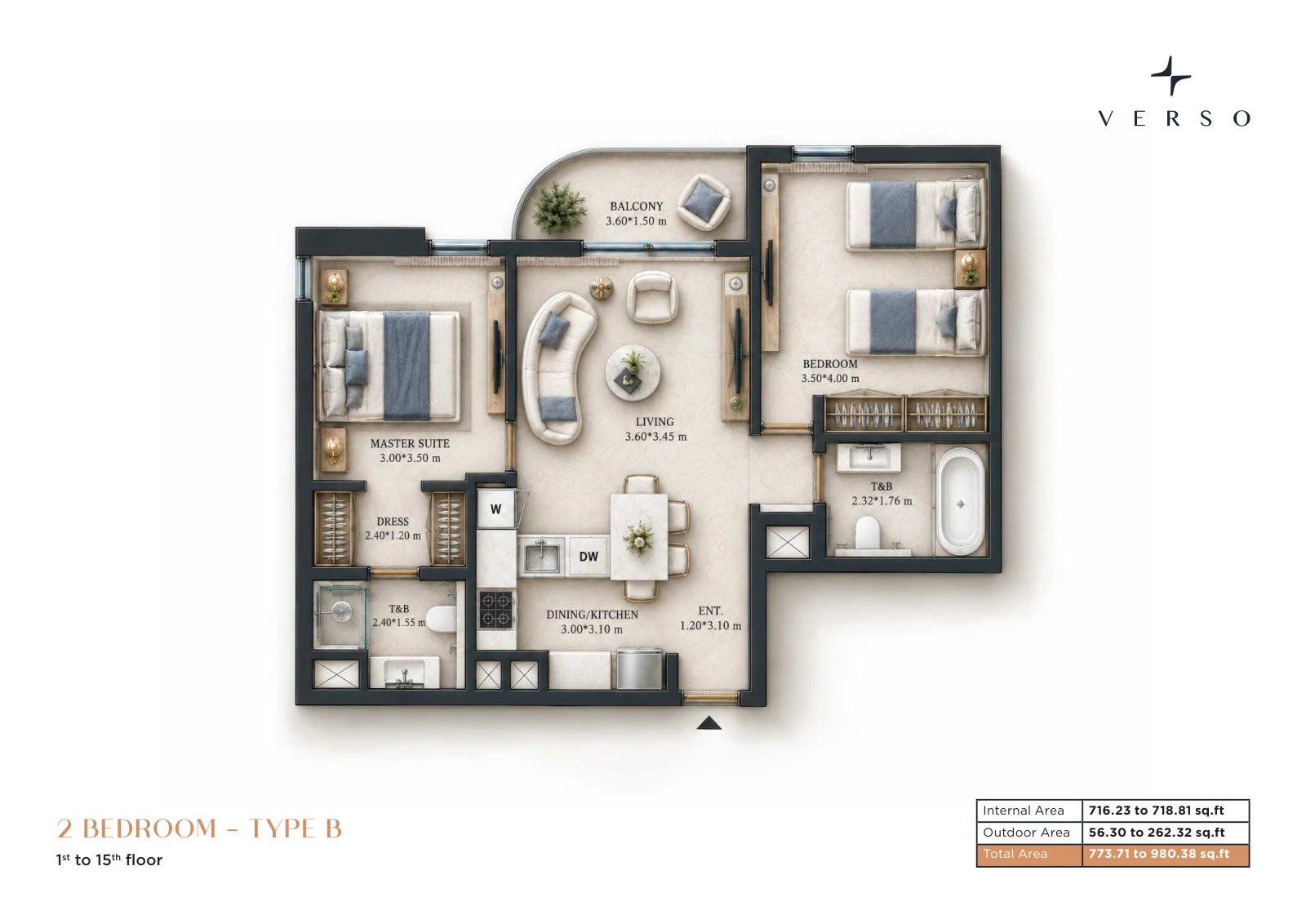 Verso by Reportage 2-bedroom Type B apartment floor plan in Verso, 773.71 to 980.38 sq ft