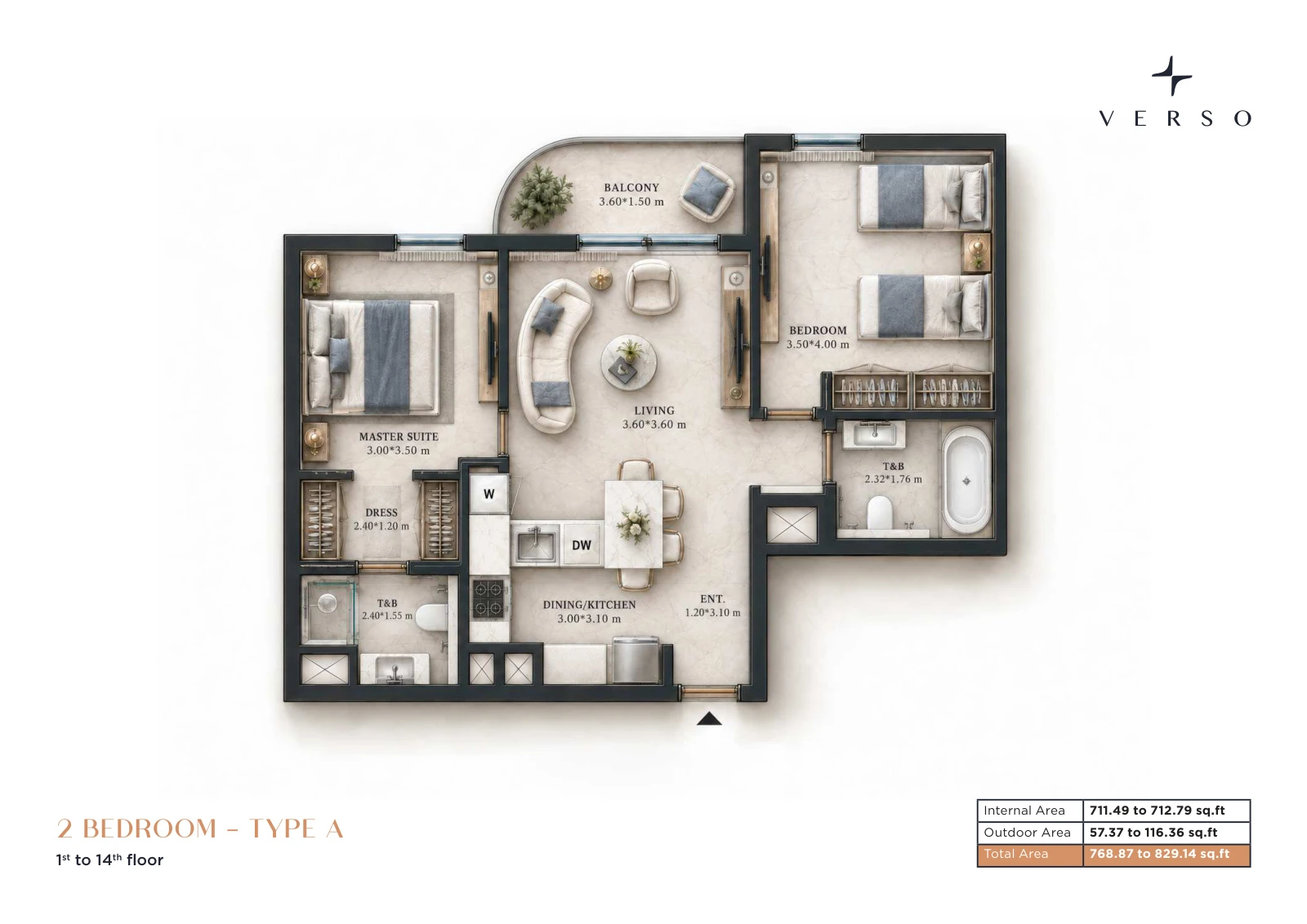 Verso by Reportage 2-bedroom Type A apartment floor plan in Verso, 768.87 to 829.14 sq ft