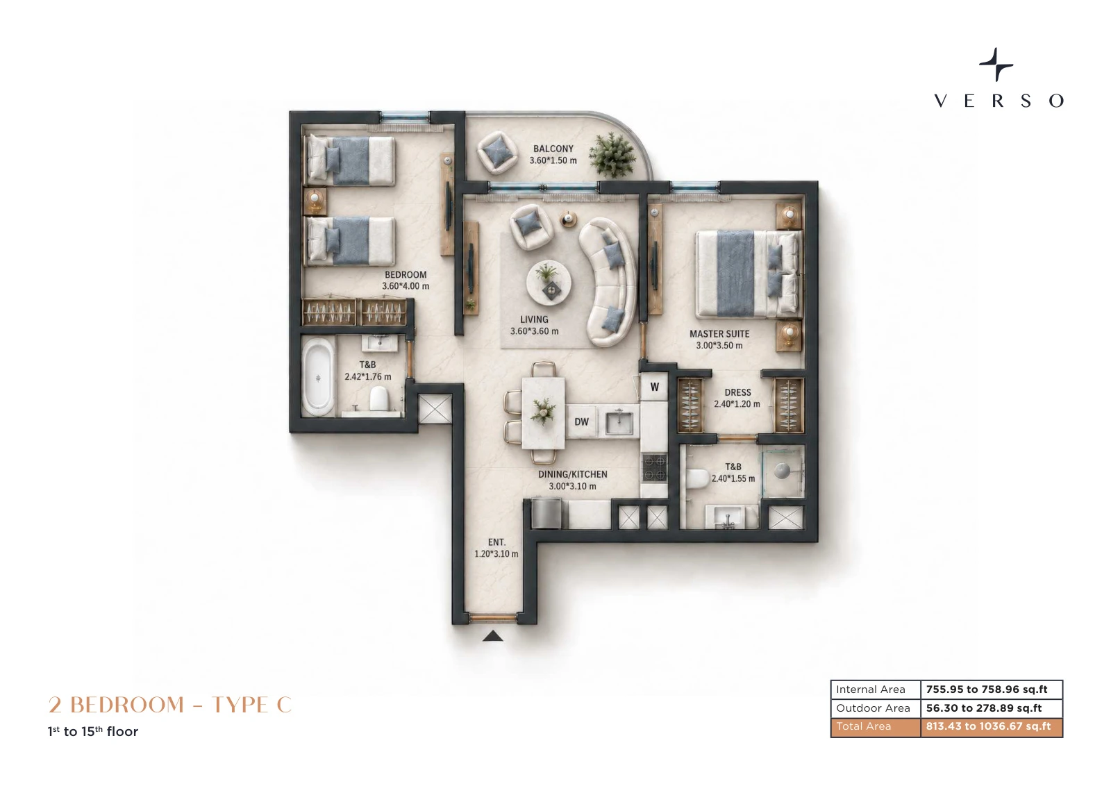 Verso by Reportage 2-bedroom Type C apartment floor plan in Verso, 813.43 to 1,036.67 sq ft