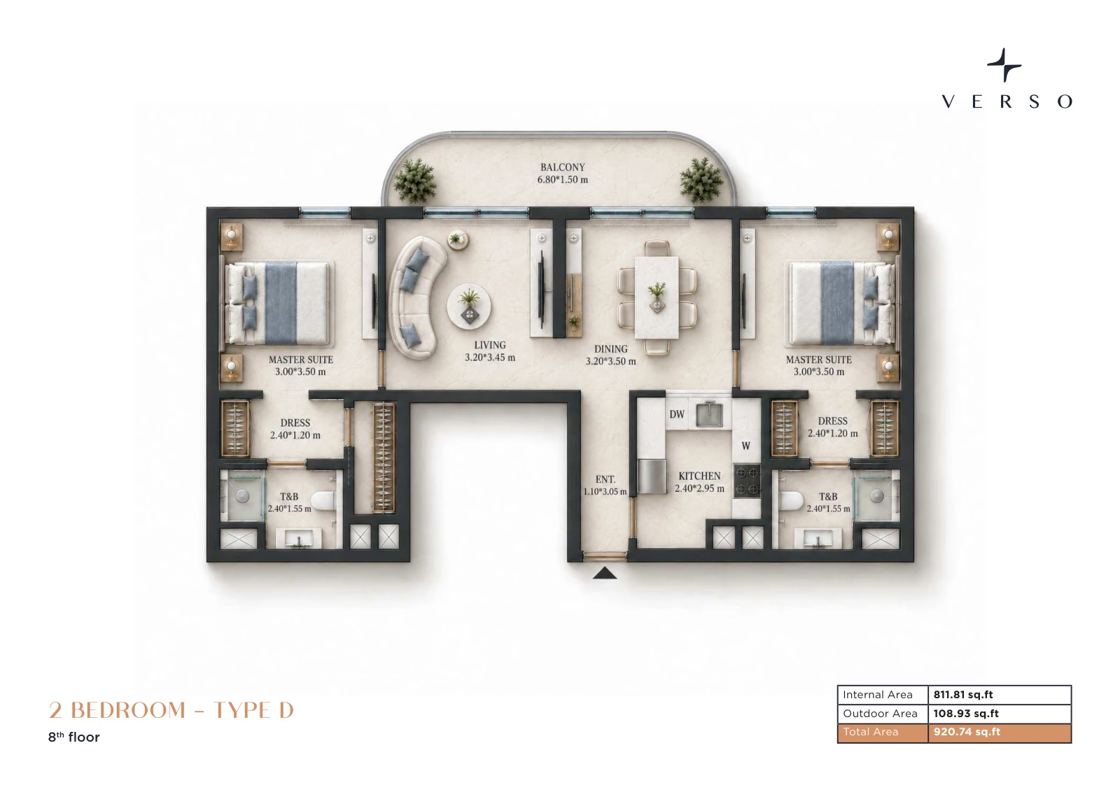 Verso by Reportage 2-bedroom Type D apartment floor plan in Verso, 920.74 sq ft