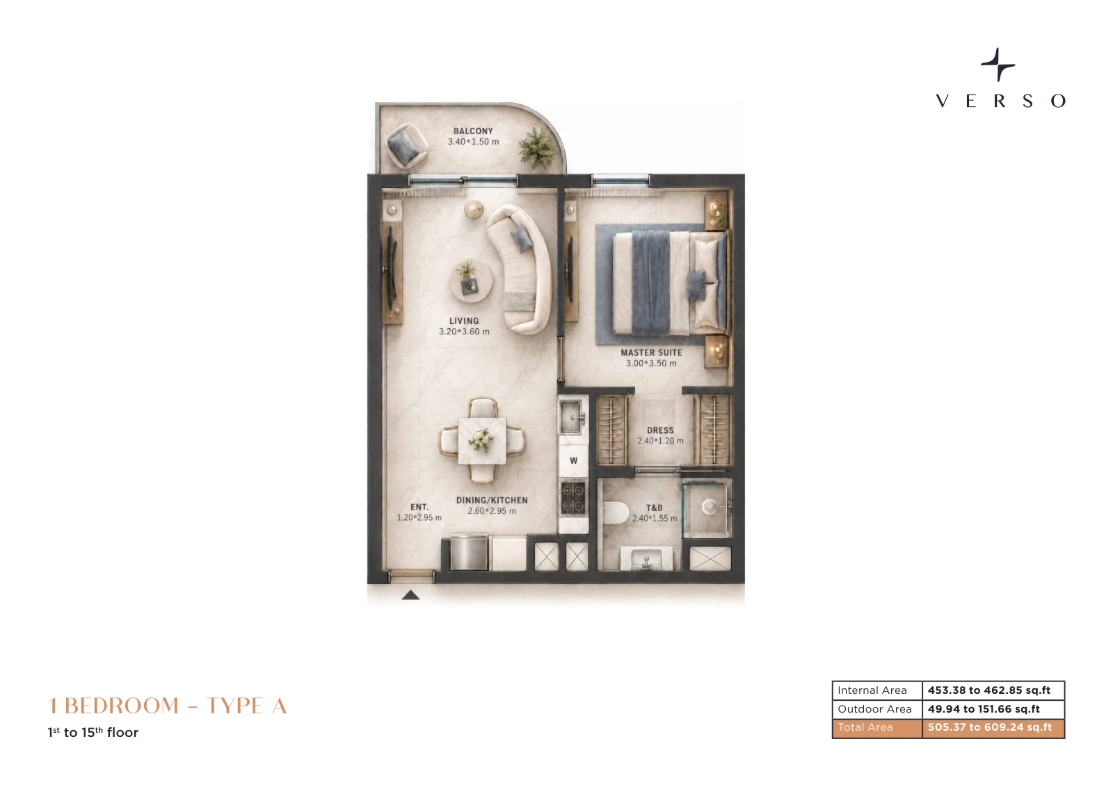 Verso by Reportage 1-bedroom Type A apartment floor plan in Verso, 505.37 to 609.24 sq ft