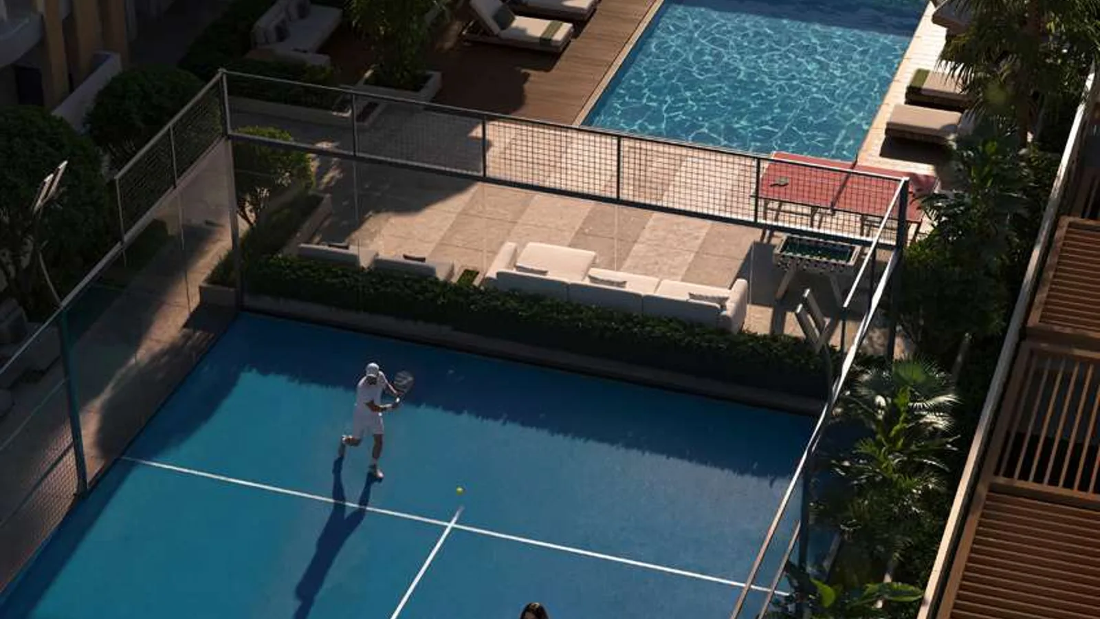 Outdoor racket court beside the swimming pools at Verso by Reportage.