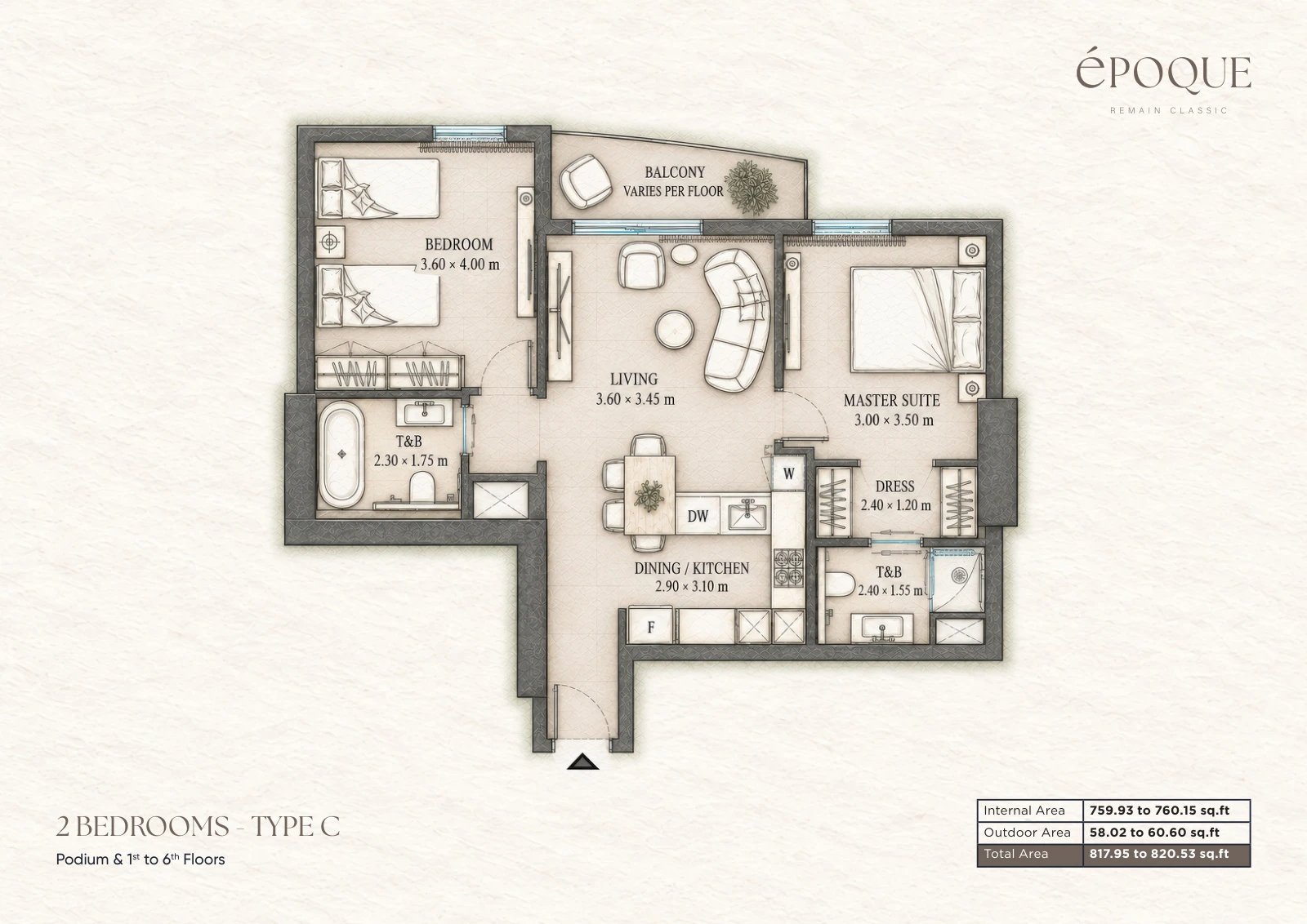 Époque by Reportage 2-bedroom Type C apartment floor plan for 2 Bedroom Type C in Époque, 818 sq ft