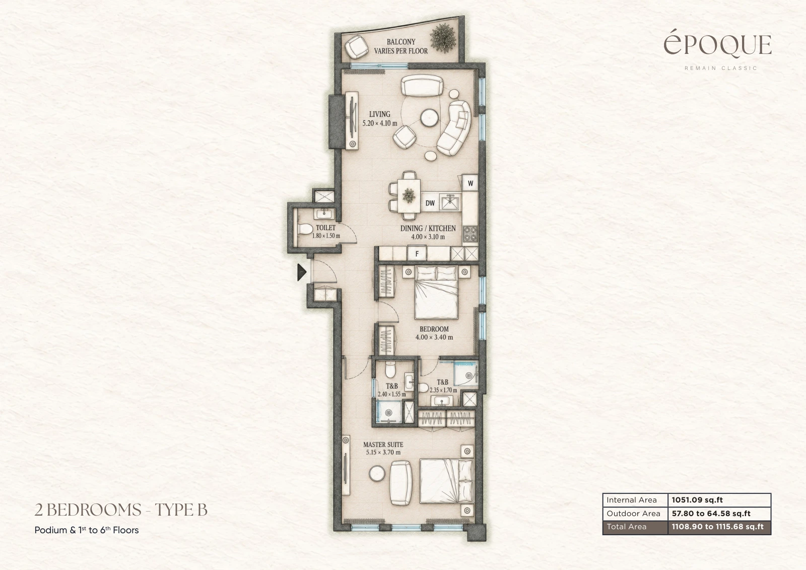 Époque by Reportage 2-bedroom Type B apartment floor plan for 2 Bedroom Type B in Époque, 1,109 sq ft