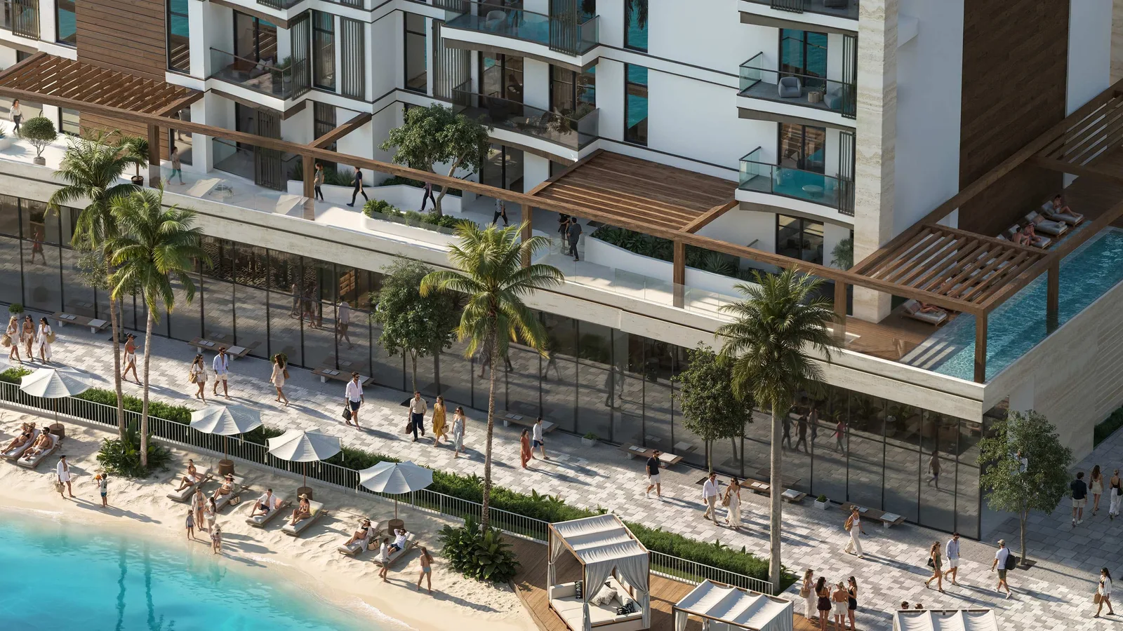 Elevated view of the pools and landscaped terraces at Époque by Reportage.