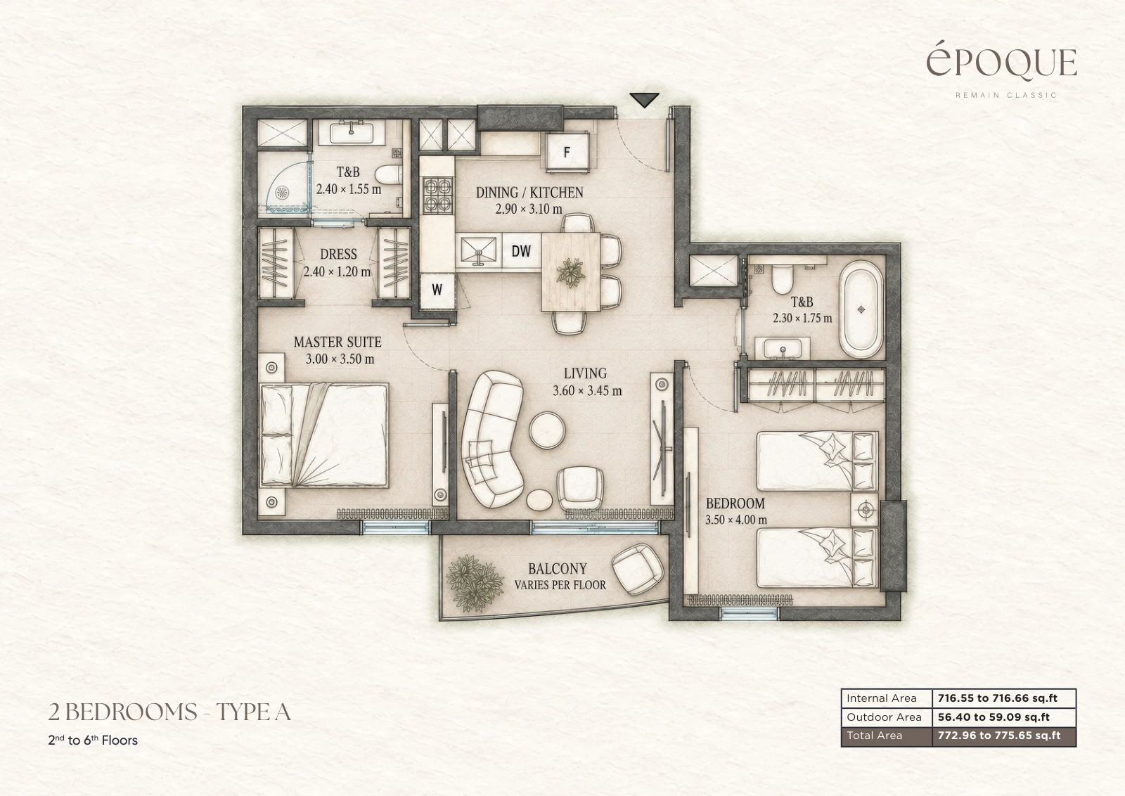 Époque by Reportage 2-bedroom Type A apartment floor plan for 2 Bedroom Type A in Époque, 773 sq ft