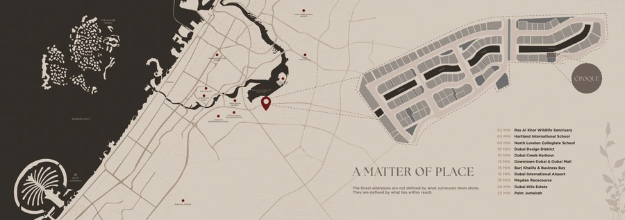 Époque by Reportage location map showing connections to Meydan, Downtown Dubai, Dubai Creek Harbour, Dubai Design District and Dubai International Airport.