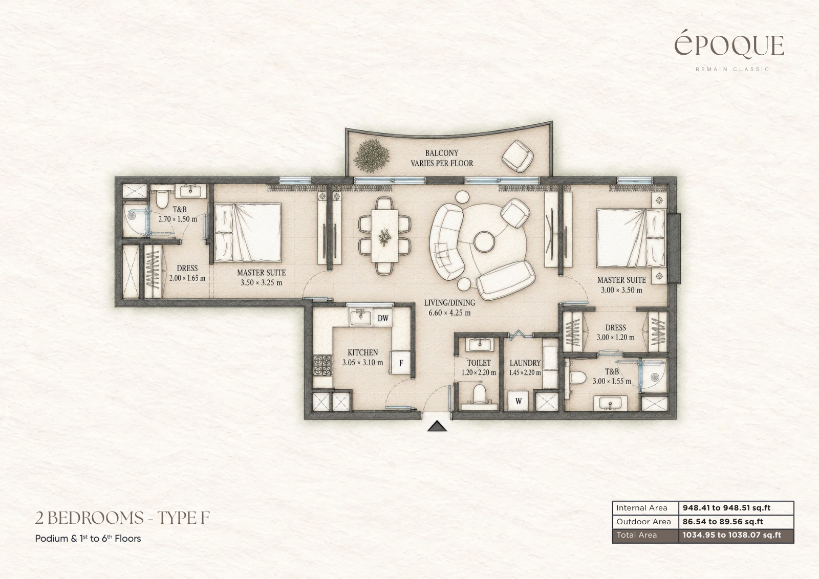 Époque by Reportage 2-bedroom Type F apartment floor plan for 2 Bedroom Type F in Époque, 1,035 sq ft