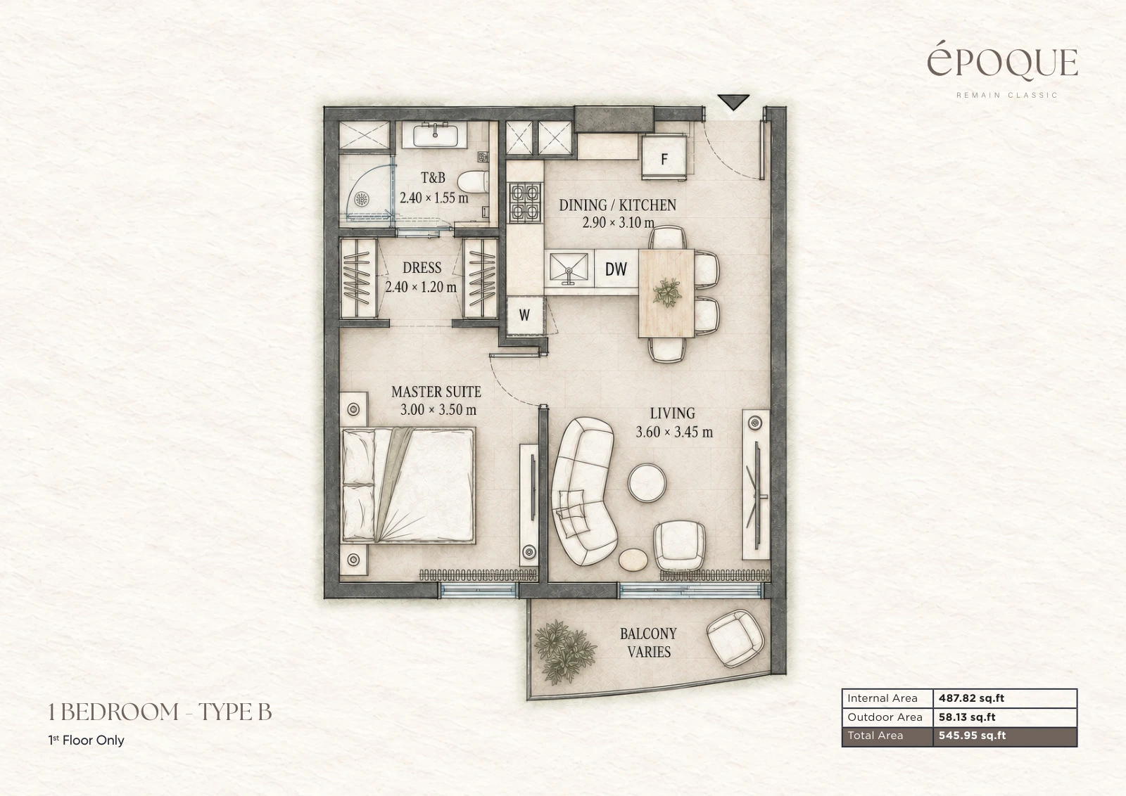 Époque by Reportage 1-bedroom Type B apartment floor plan for 1 Bedroom Type B in Époque, 545.95 sq ft