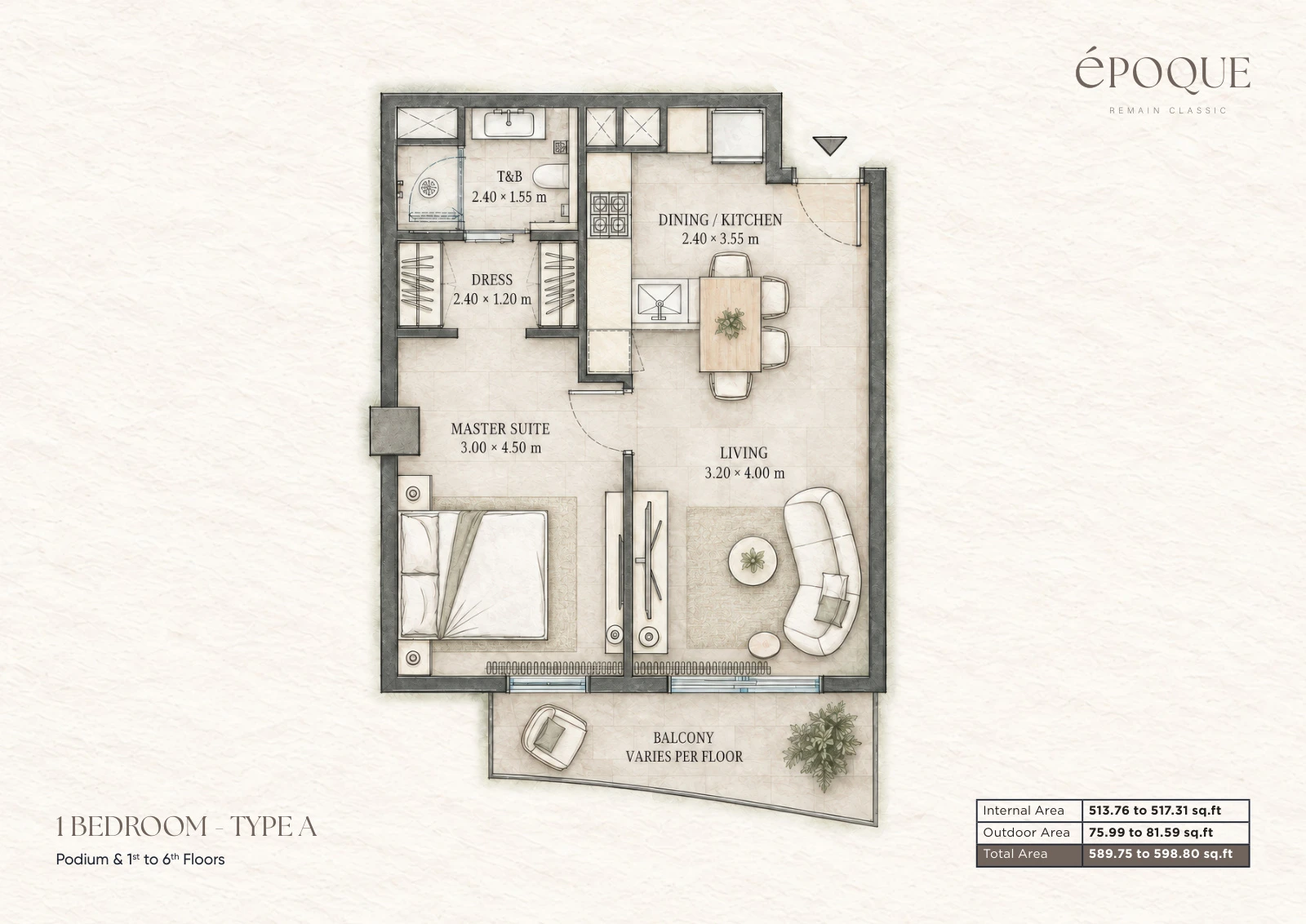 Époque by Reportage 1-bedroom Type A apartment floor plan for 1 Bedroom Type A in Époque, 590 sq ft