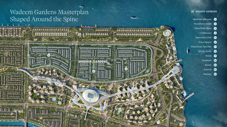 Wadeem Gardens Phase 1 community masterplan showing villa neighbourhoods, clubhouses, schools, retail, arena and waterfront destinations.