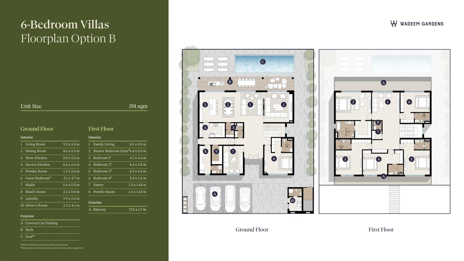 Wadeem Gardens Phase 1 6-bedroom Option B villa floor plan showing ground and first floors, 6,361.47 sq ft
