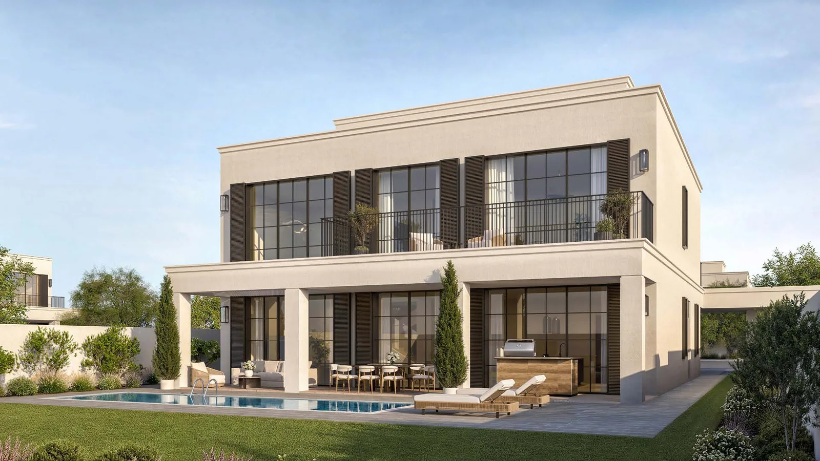 Modern 4-bedroom villa garden terrace and illustrative pool at Wadeem Gardens Phase 1.