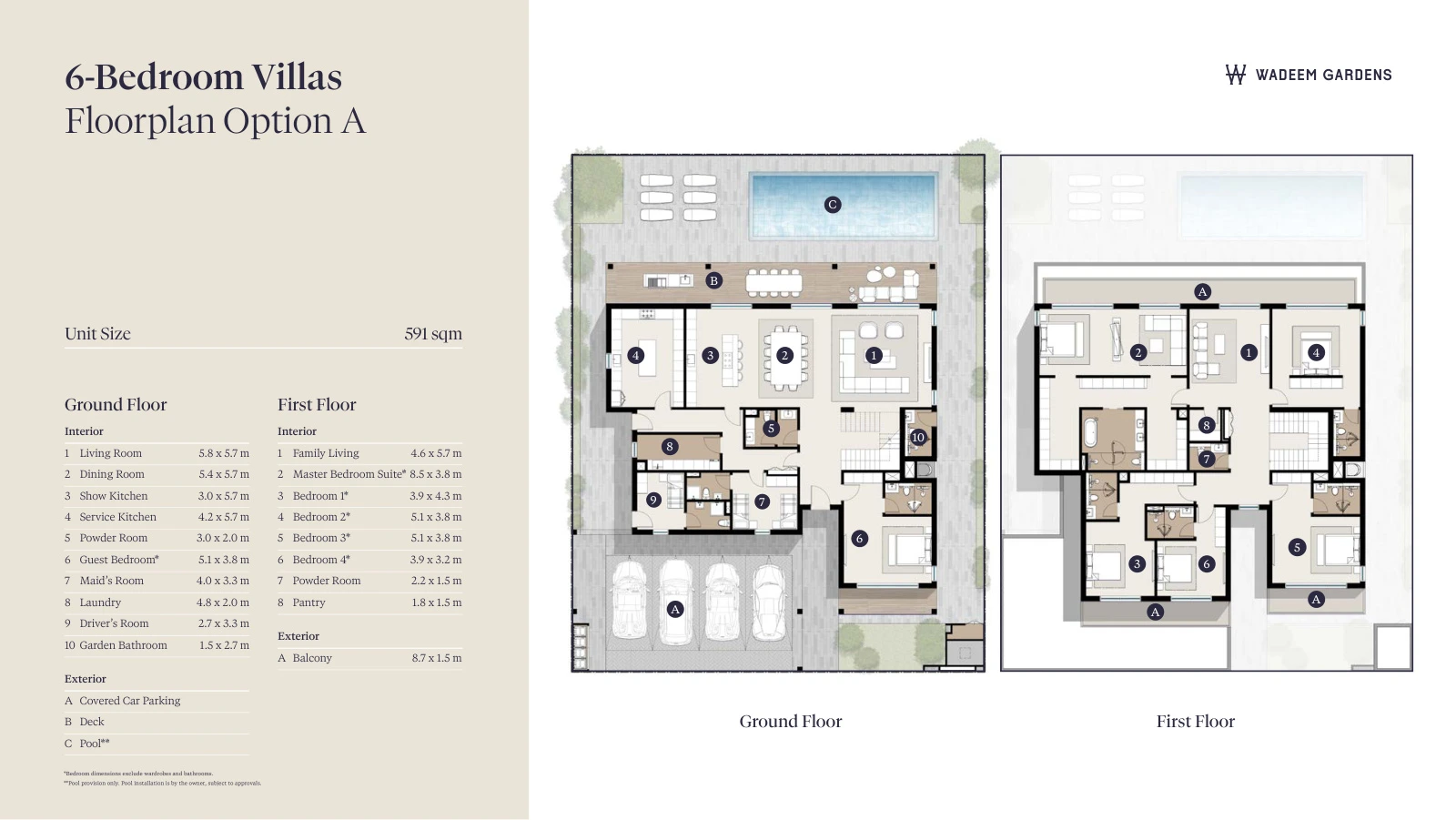 Wadeem Gardens Phase 1 6-bedroom Option A villa floor plan showing ground and first floors, 6,361.47 sq ft