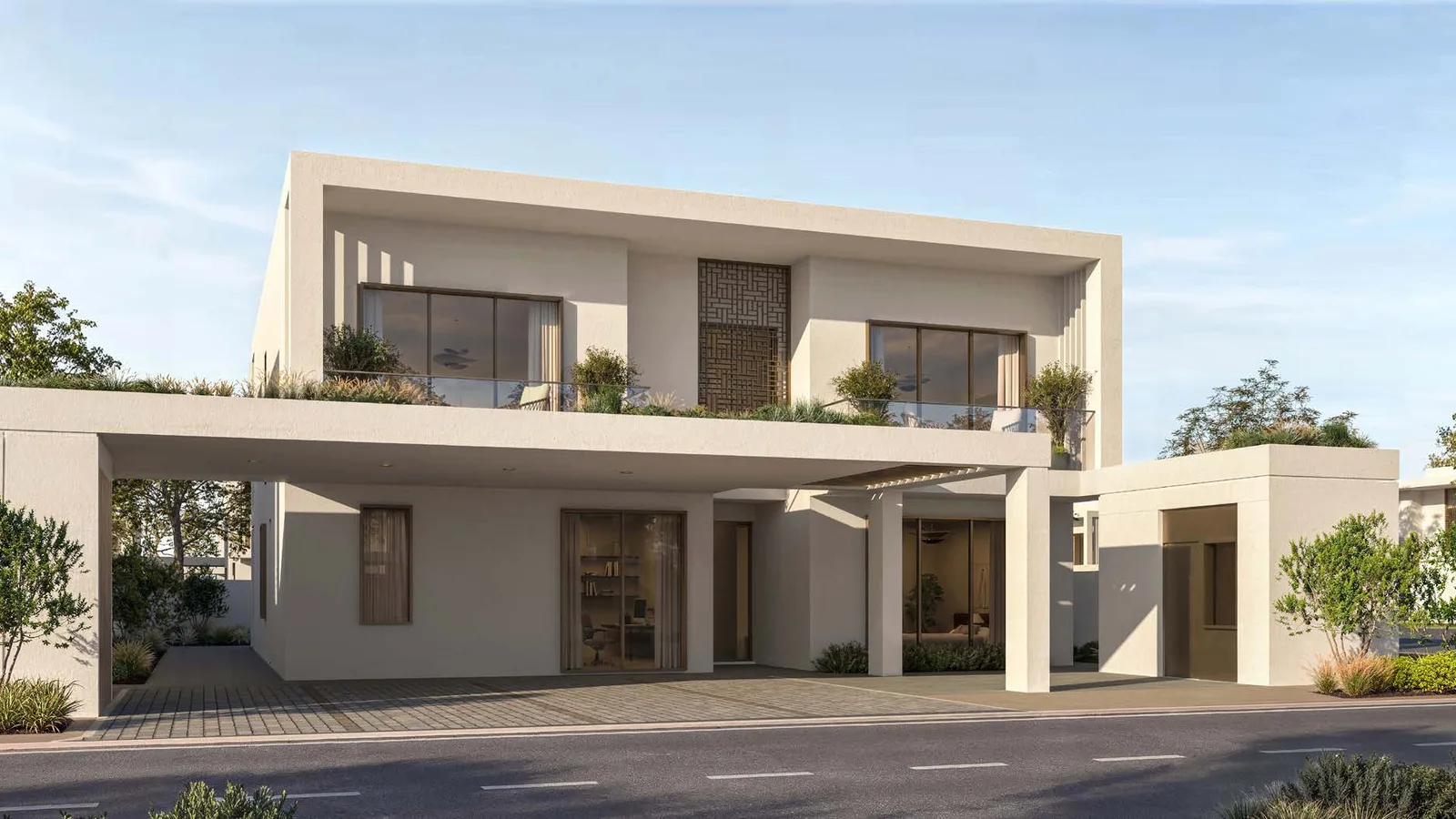 Arabian 5-bedroom villa frontage with decorative screens at Wadeem Gardens Phase 1.