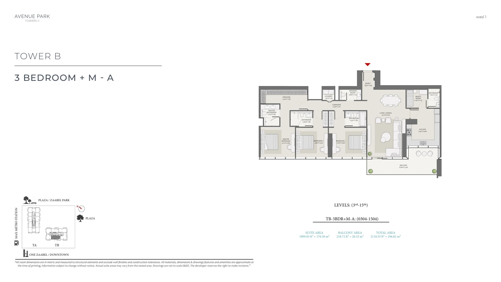 Avenue Park Towers II Tower B 3-bedroom Type A + Maid apartment floor plan, unit plan, total 2,118.55 sq ft (196.82 sq m).