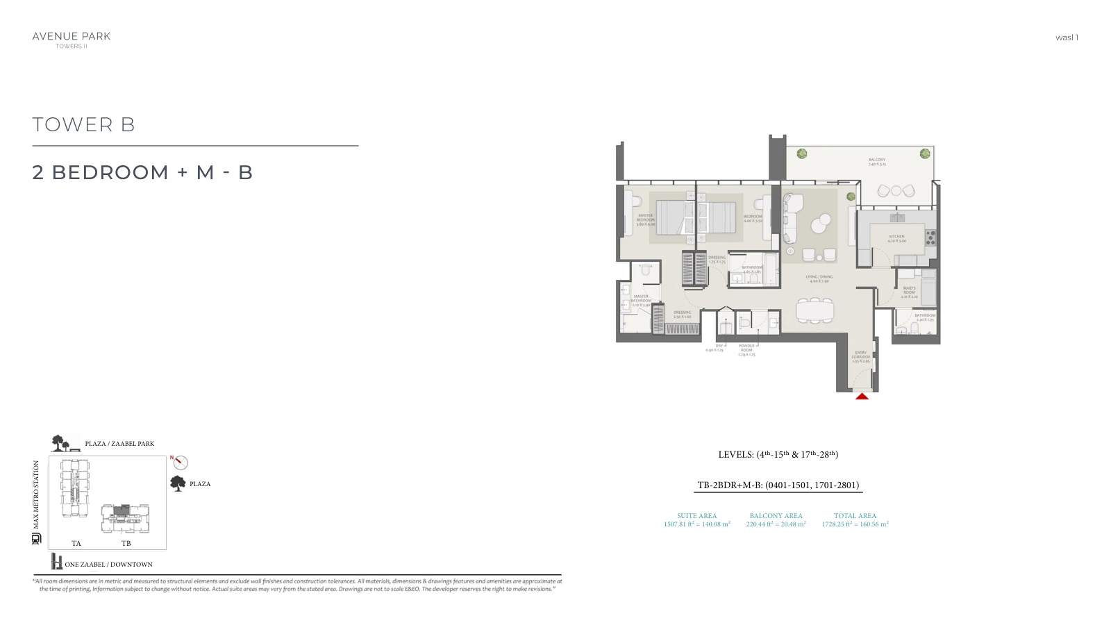 Avenue Park Towers II Tower B 2-bedroom Type B + Maid apartment floor plan, unit plan, total 1,728.25 sq ft (160.56 sq m).