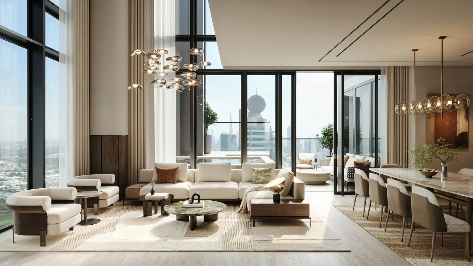 Double-height duplex living and dining room at Avenue Park Towers II.