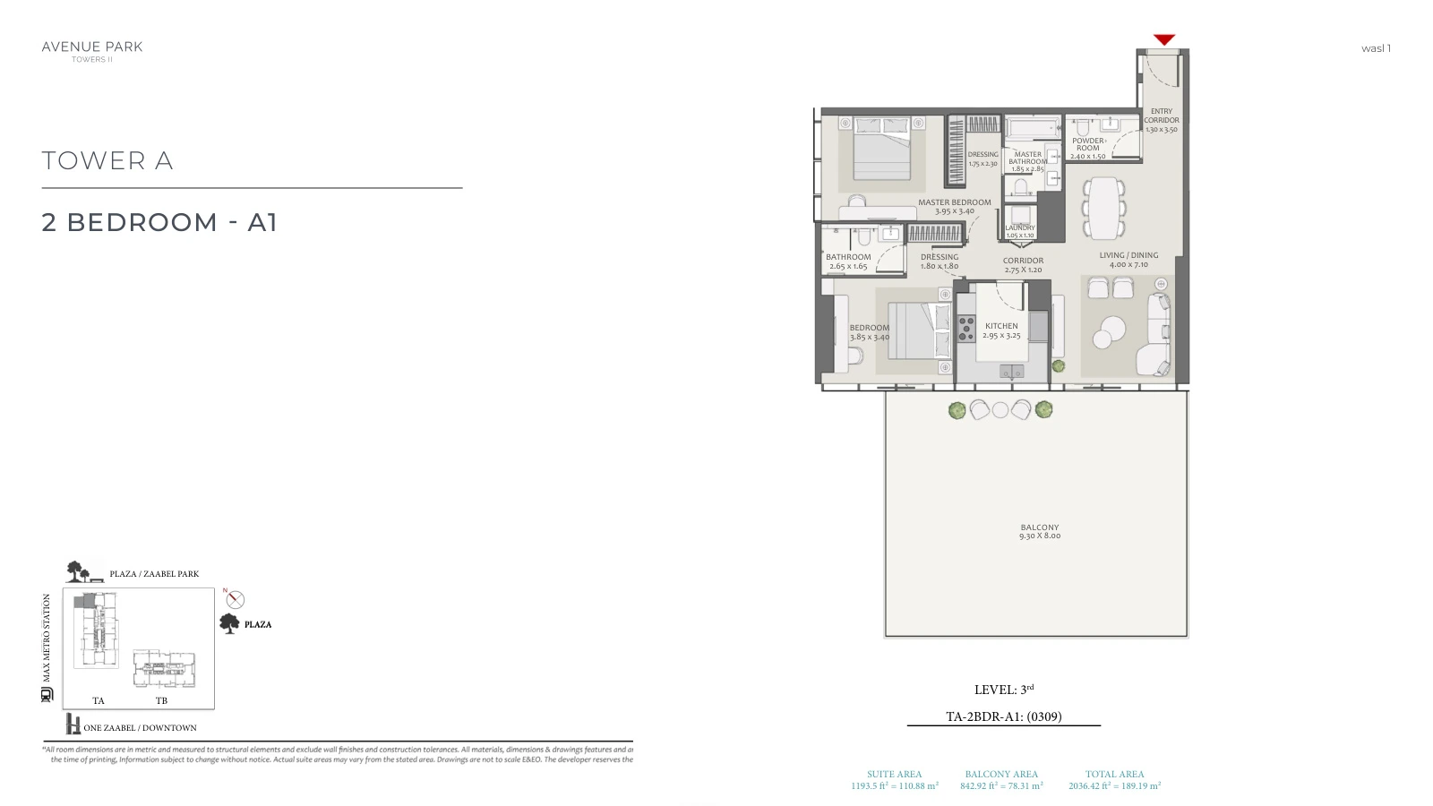 Avenue Park Towers II Tower A 2-bedroom Type A1 - Unit 0309 apartment floor plan, unit plan, total 2,036.42 sq ft (189.19 sq m).