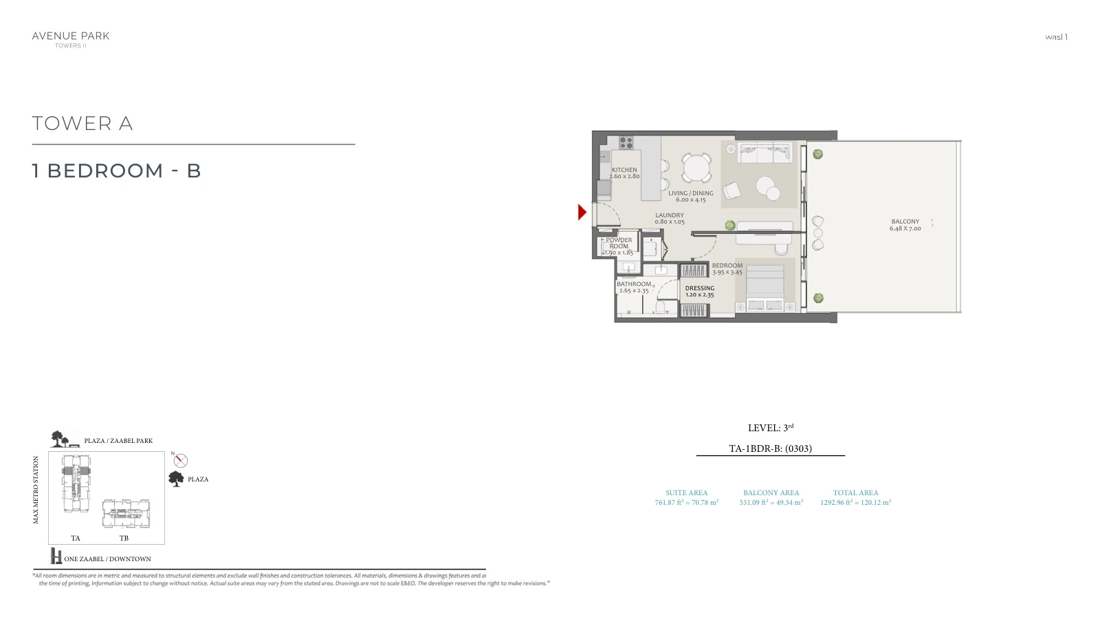 Avenue Park Towers II Tower A 1-bedroom Type B - Level 3 apartment floor plan, unit plan, total 1,292.96 sq ft (120.12 sq m).