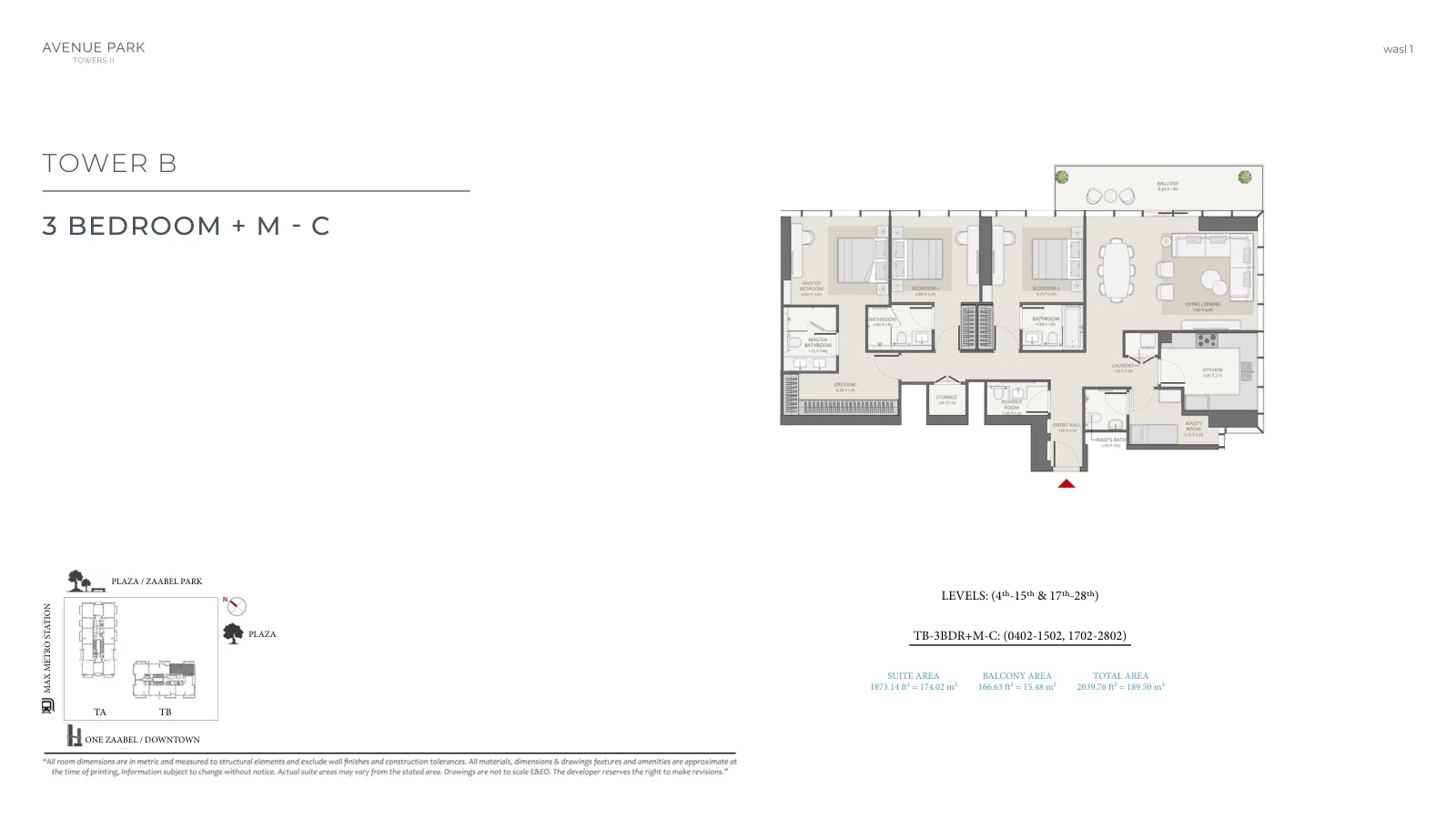 Avenue Park Towers II Tower B 3-bedroom Type C + Maid apartment floor plan, unit plan, total 2,039.76 sq ft (189.5 sq m).
