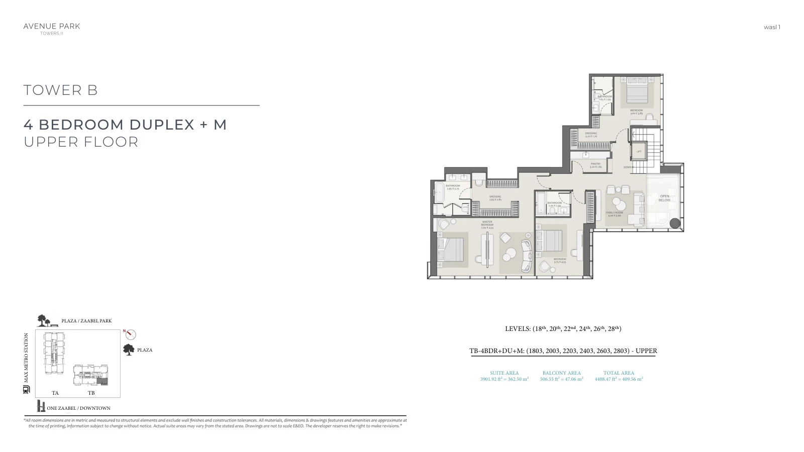 Avenue Park Towers II Tower B 4-bedroom With Maid and Pool duplex floor plan, upper floor, total 4,408.47 sq ft (409.56 sq m).