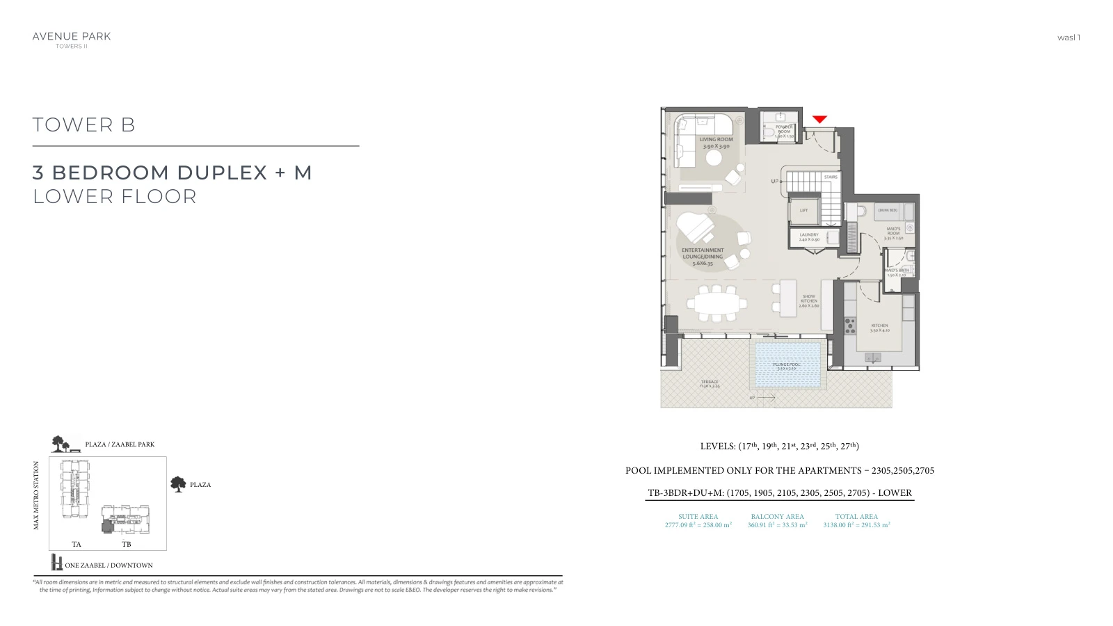 Avenue Park Towers II Tower B 3-bedroom With Maid duplex floor plan, lower floor, total 3,138.00 sq ft (291.53 sq m).