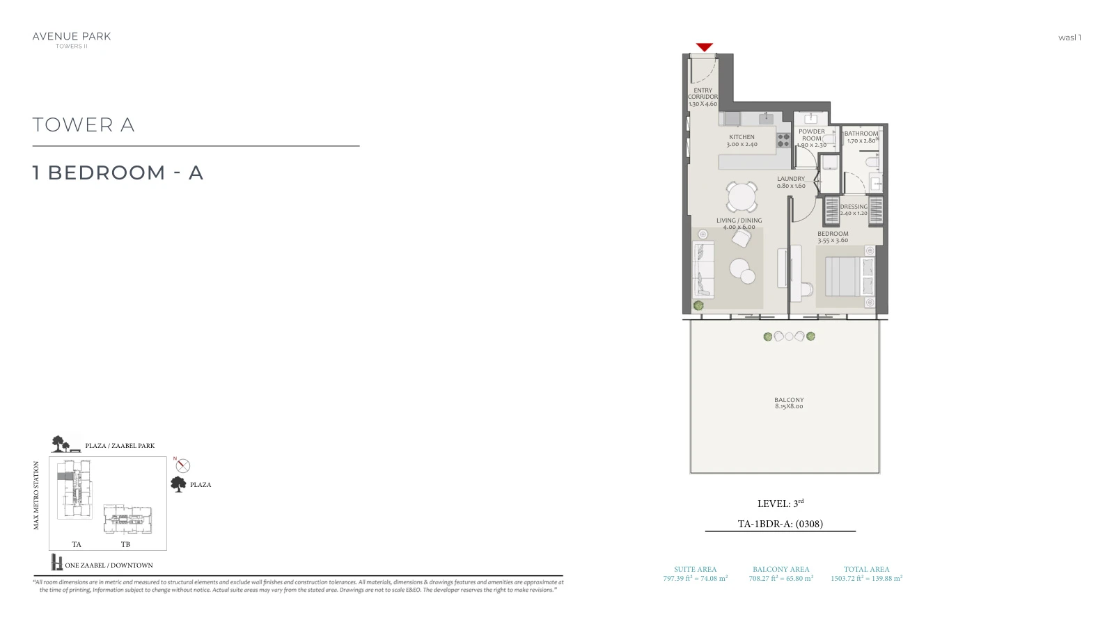 Avenue Park Towers II Tower A 1-bedroom Type A - Level 3 apartment floor plan, unit plan, total 1,503.72 sq ft (139.88 sq m).