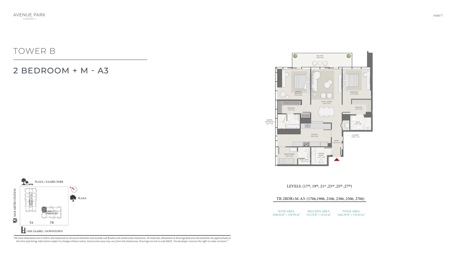 Avenue Park Towers II Tower B 2-bedroom Type A3 + Maid apartment floor plan, unit plan, total 1,662.38 sq ft (154.44 sq m).
