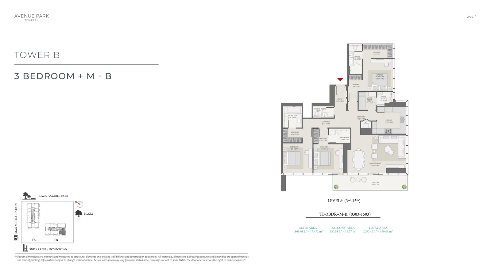 Avenue Park Towers II Tower B 3-bedroom Type B + Maid apartment floor plan, unit plan, total 2,050.42 sq ft (190.49 sq m).