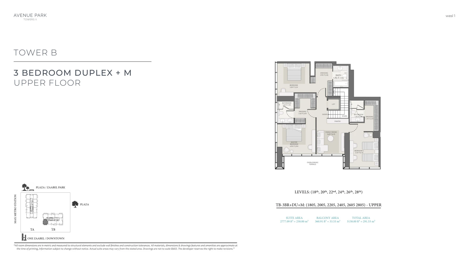 Avenue Park Towers II Tower B 3-bedroom With Maid duplex floor plan, upper floor, total 3,138.00 sq ft (291.53 sq m).